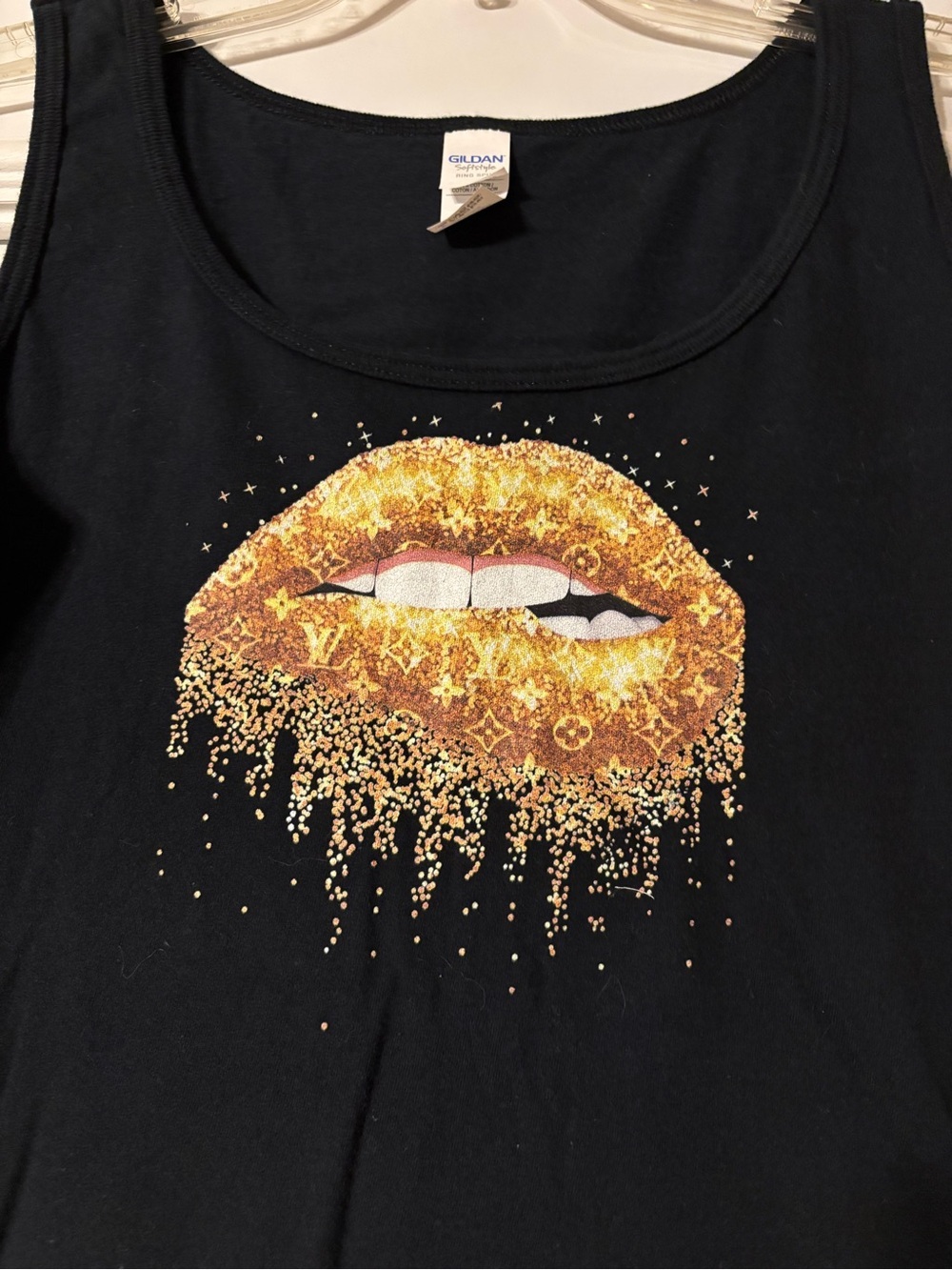 Gildan Black Tank Top with Gold Glitter Lip Motif